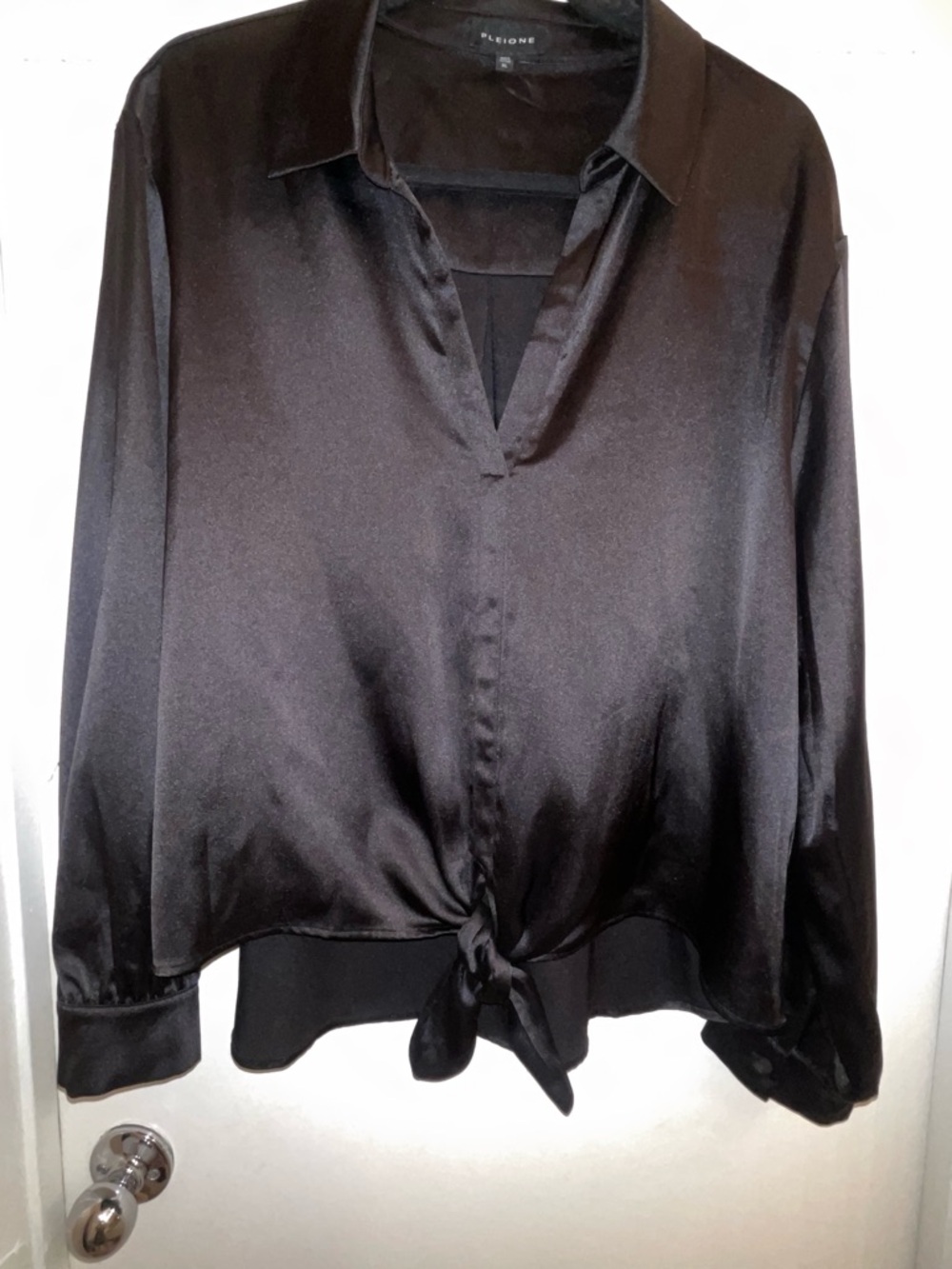 Pleione Black Satin Tie-Front Blouse